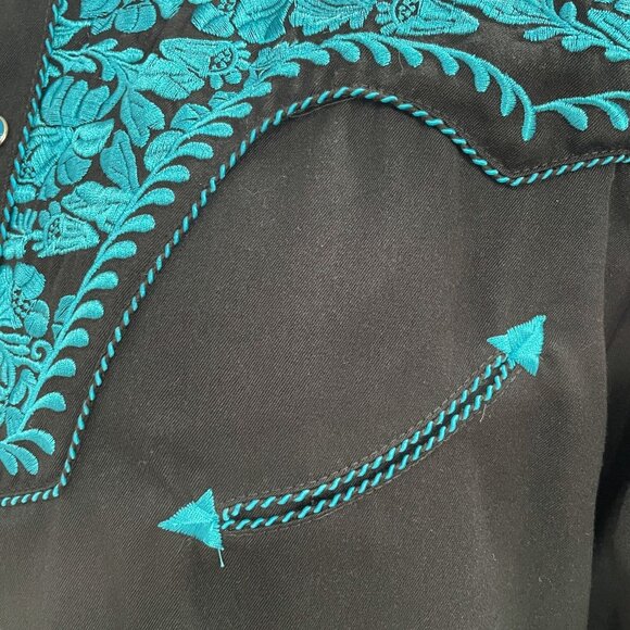 Scully Western Cowboy Shirt Black Turquoise Embroidered Rodeo Festival Country L - Picture 12 of 15